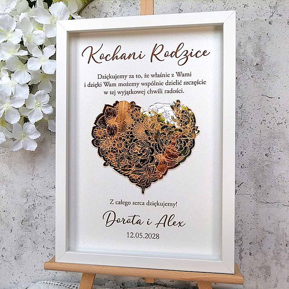 podziękowania dla Rodziców, Świadków, złote serce z kwiatami w białej ramce