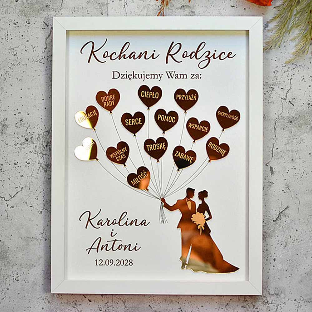 podziękowanie weselne dla rodziców obraz ze złotymi balonikami w białej ramce.JPG