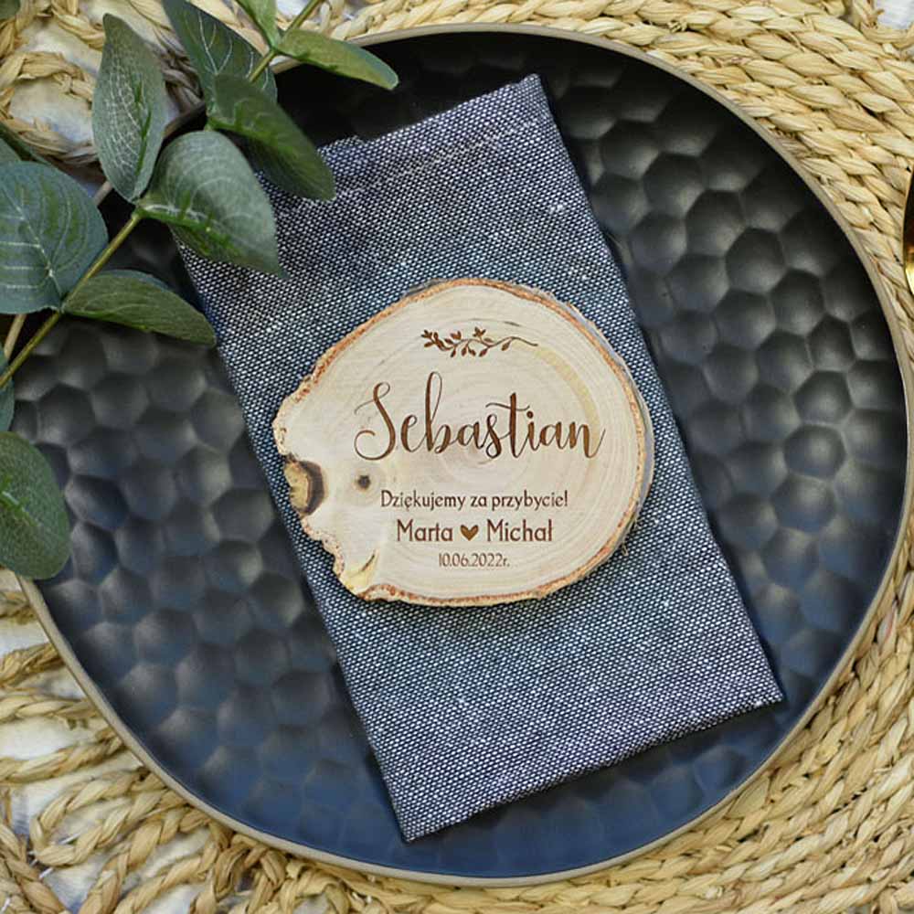 pamiątka dla gości weselnych i winietka z drewna brzozy, styl rustykalny