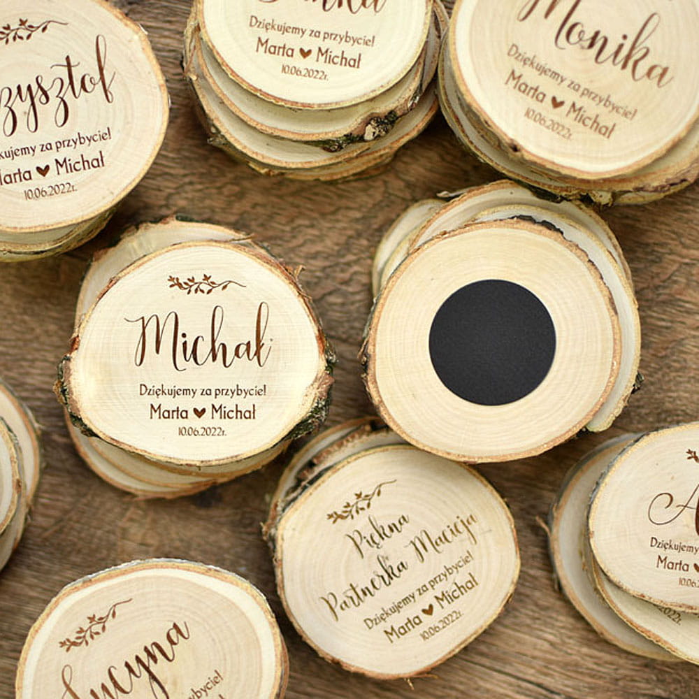 pamiątka dla gości weselnych i winietka z drewna brzozy, styl rustykalny