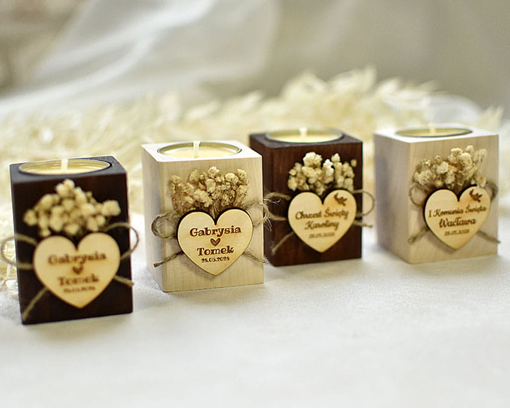 Podziękowania dla gości weselnych, boho świecznik z gipsówką i wkładem tealight