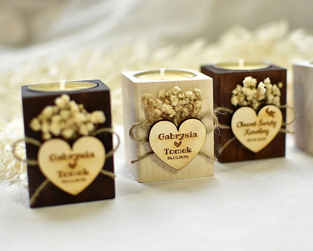 Podziękowania dla gości weselnych, boho świecznik z gipsówką i wkładem tealight