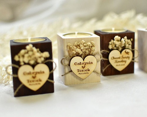 Podziękowania dla gości weselnych, boho świecznik z gipsówką i wkładem tealight