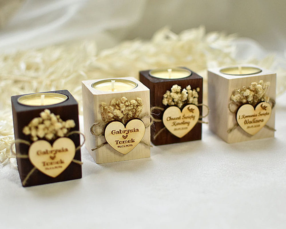 Podziękowania dla gości weselnych, boho świecznik z gipsówką i wkładem tealight