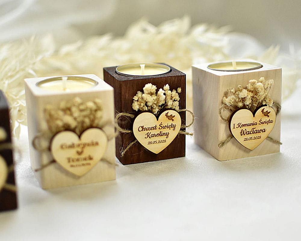 Podziękowania dla gości weselnych, boho świecznik z gipsówką i wkładem tealight