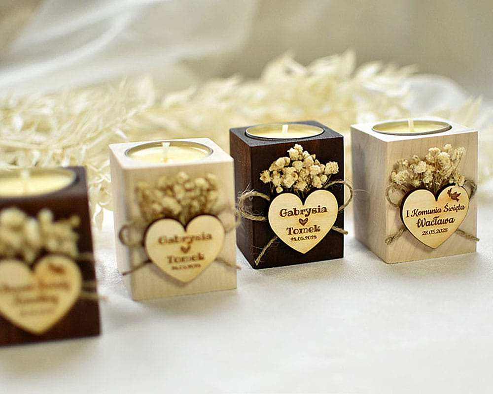 Podziękowania dla gości weselnych, boho świecznik z gipsówką i wkładem tealight