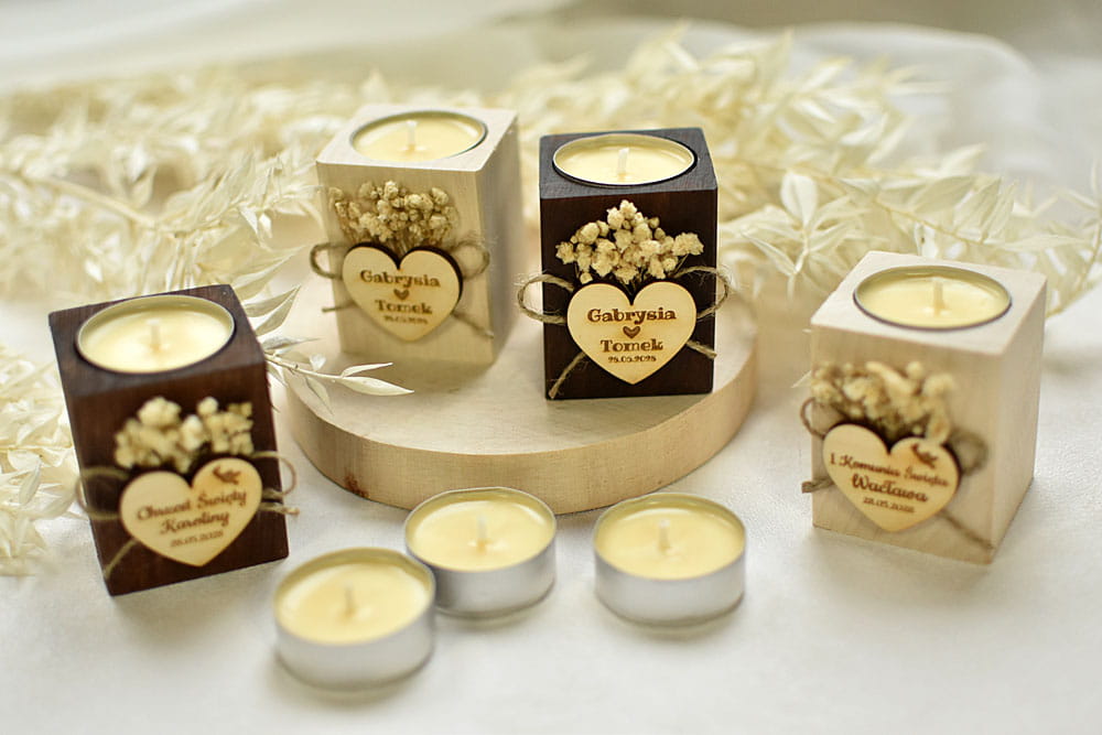 Podziękowania dla gości weselnych, boho świecznik z gipsówką i wkładem tealight