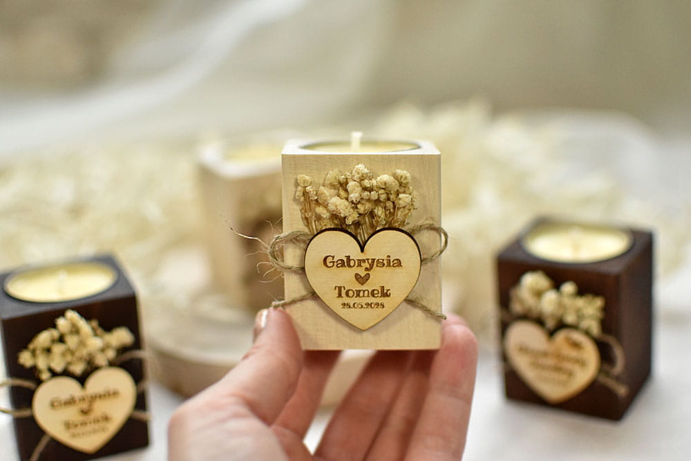 Podziękowania dla gości weselnych, boho świecznik z gipsówką i wkładem tealight