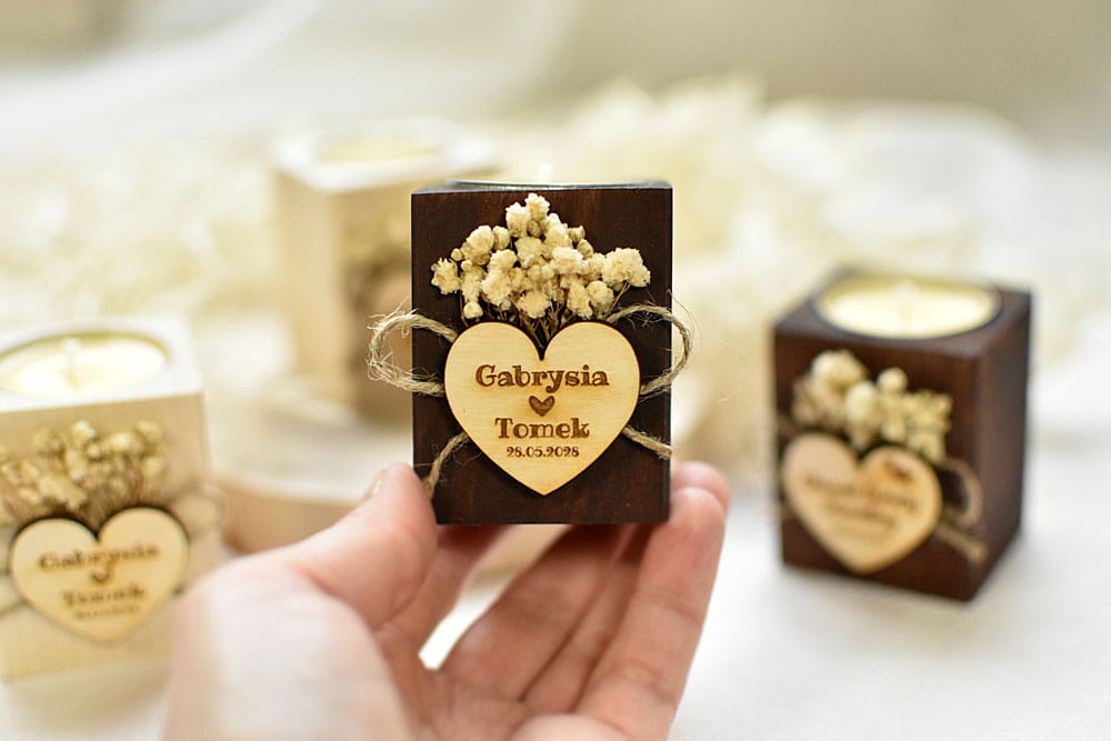 Podziękowania dla gości weselnych, boho świecznik z gipsówką i wkładem tealight