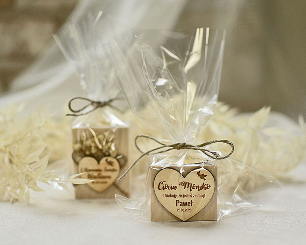 Podziękowania dla gości weselnych, boho świecznik z gipsówką i wkładem tealight