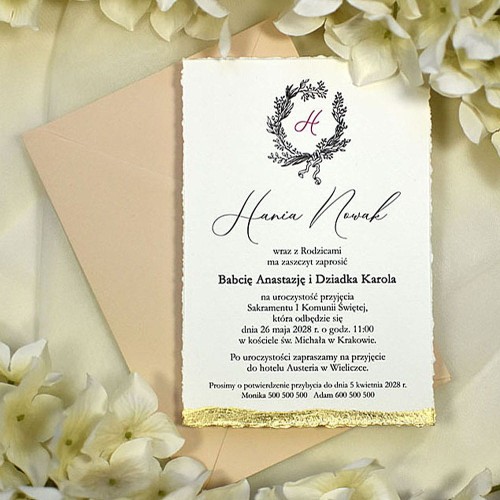 Glamour biało-złote zaproszenie na Komunię lub Chrzest Święty.