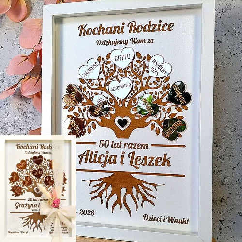 oryginalny prezent z okazji 50 rocznicy ślubu od rodziny drzewko w ramce imiona i złote lustrzane serduszka