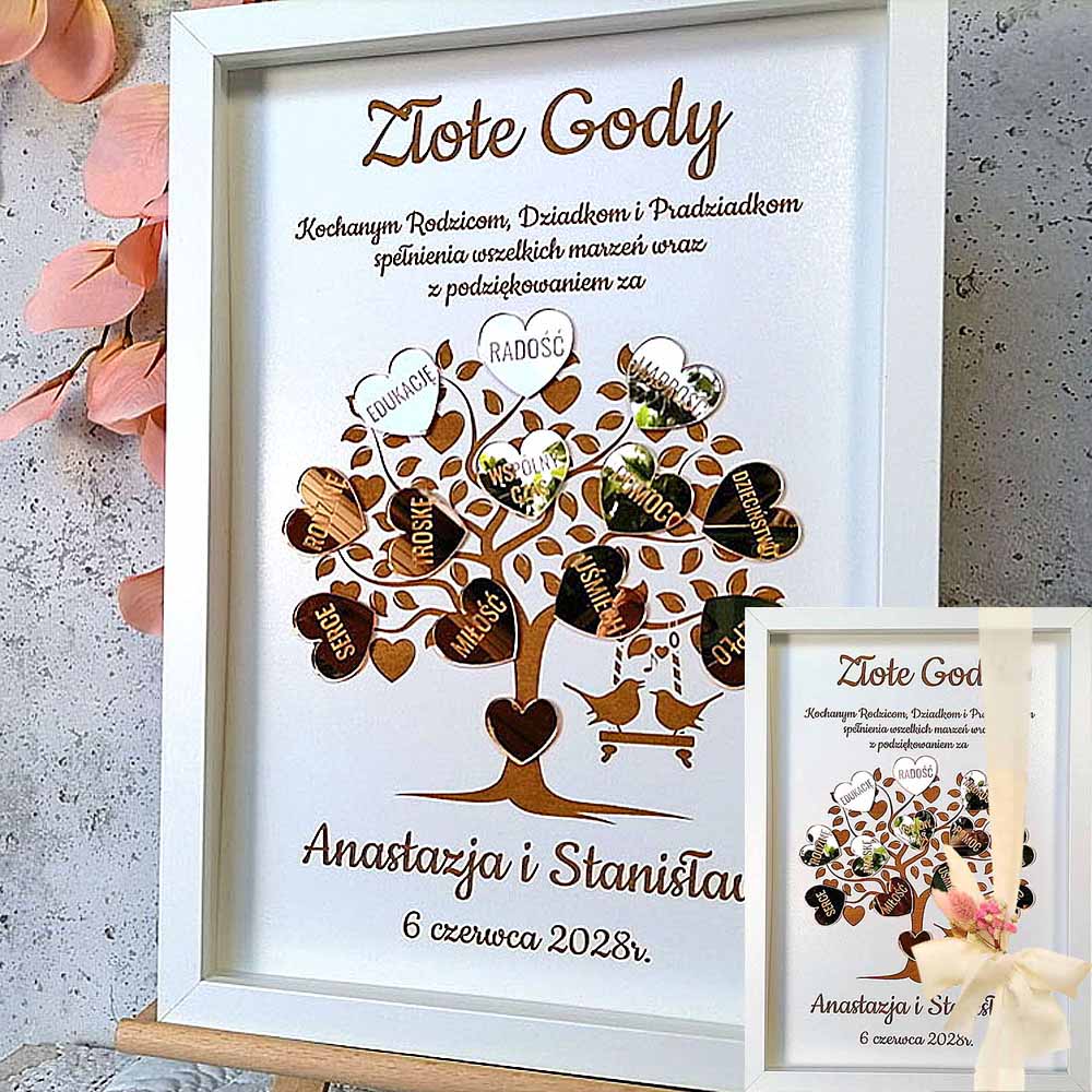 prezent z podziękowaniami dla rodziców na Złote Gody, drzewko z imionami i ze złotymi sercami w białej ramce