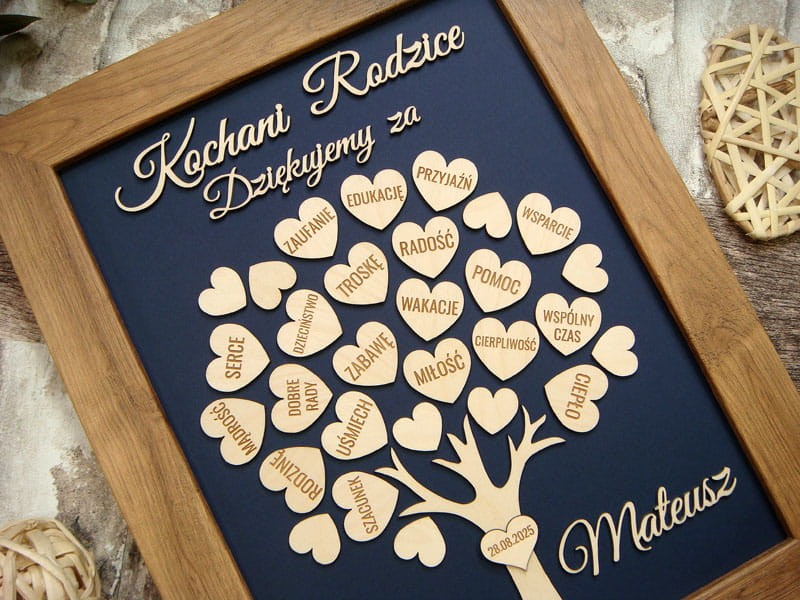 pamiątka dla Rodziców, podziękowanie  Drzewko Szczęścia w ramce, serduszka z grawerem