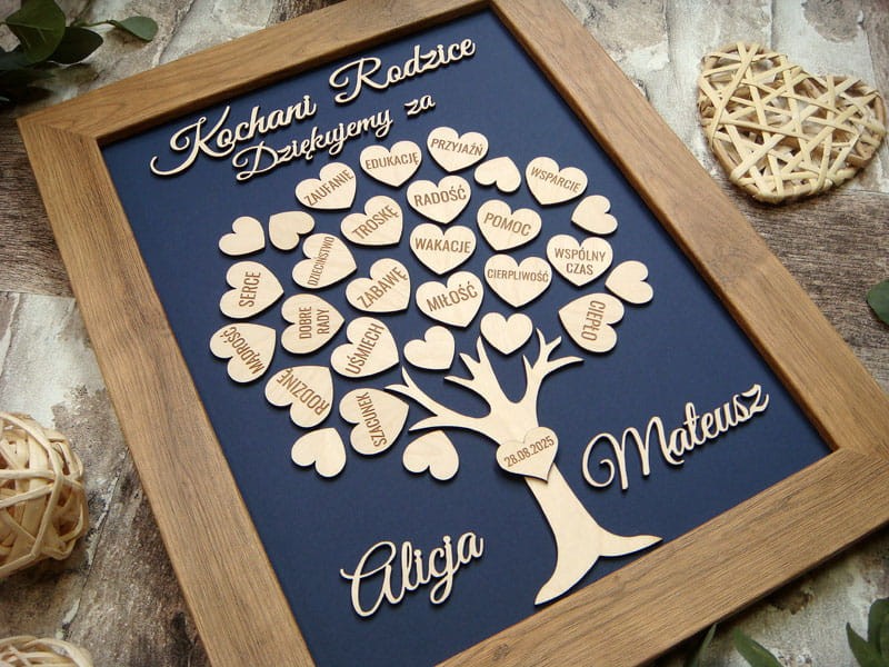 pamiątka dla Rodziców, podziękowanie  Drzewko Szczęścia w ramce, serduszka z grawerem