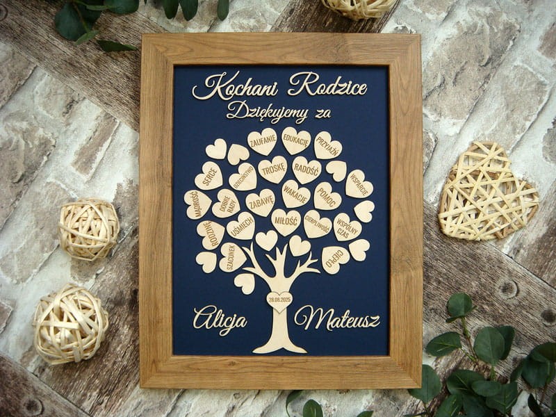 pamiątka dla Rodziców, podziękowanie  Drzewko Szczęścia w ramce, serduszka z grawerem