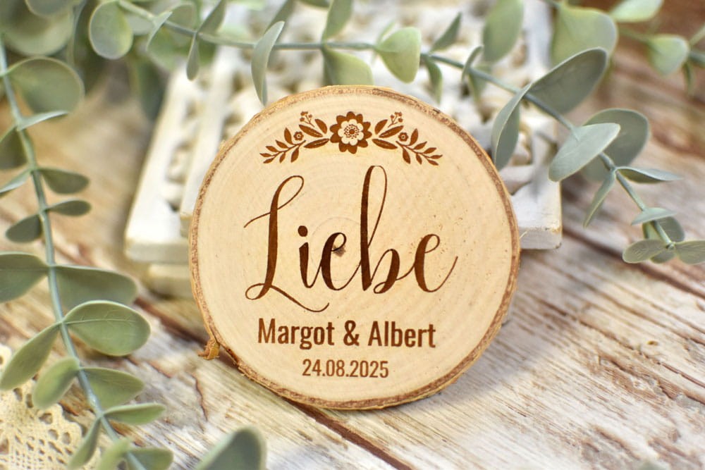 magnes na lodówkę z napisem Miłość, podziękowania dla gości weselnych za przybycie, plasterek drewna