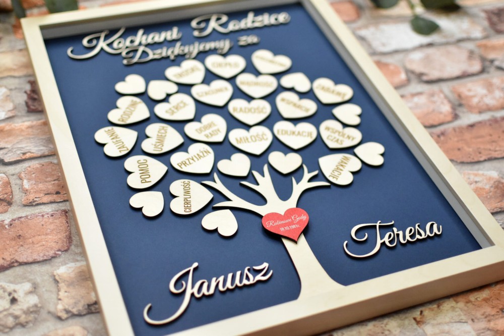 podziękowanie ślubne dla Rodziców, drzewko z sercami w ramce