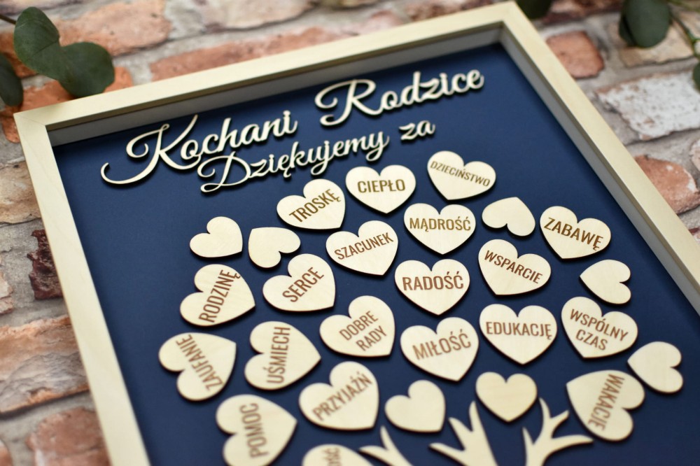 podziękowanie ślubne dla Rodziców, drzewko z sercami w ramce