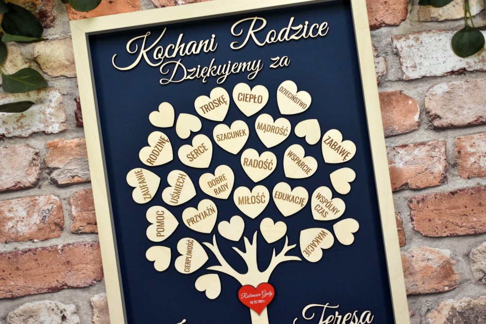 podziękowanie ślubne dla Rodziców, drzewko z sercami w ramce