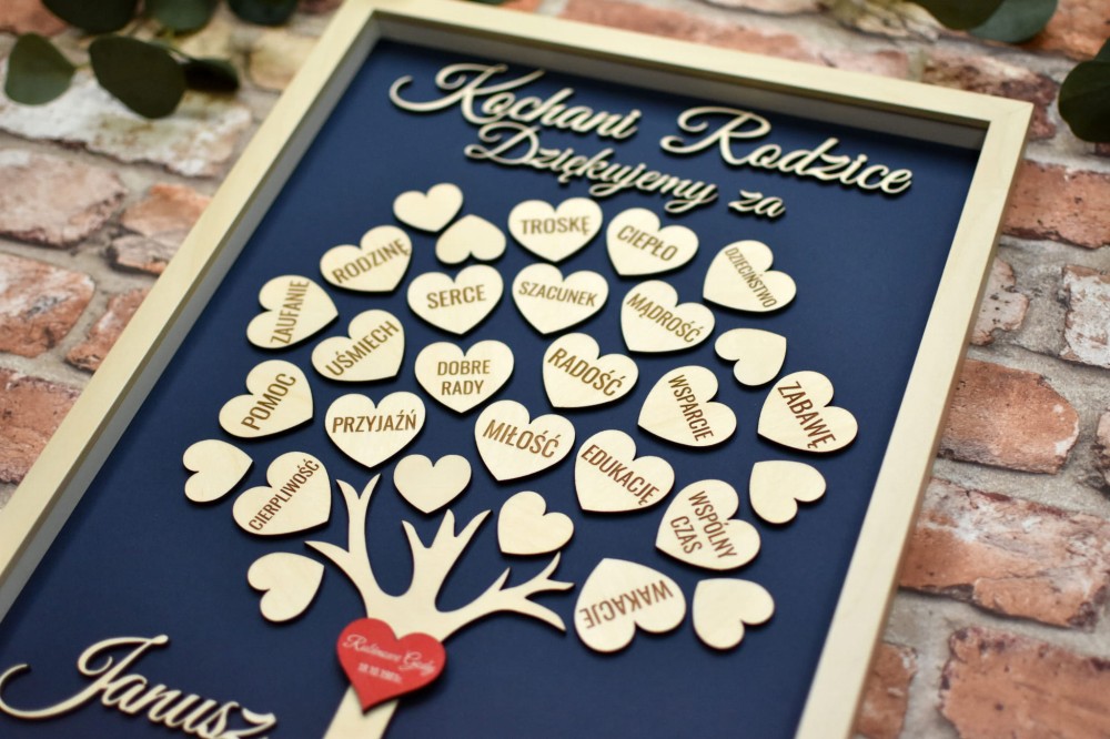 podziękowanie ślubne dla Rodziców, drzewko z sercami w ramce