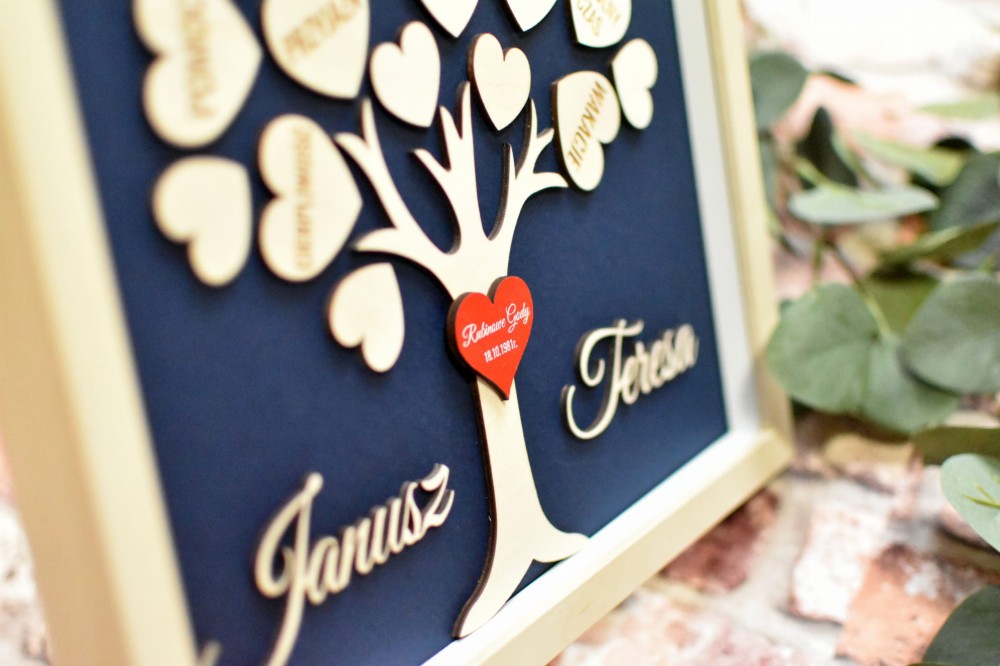 podziękowanie ślubne dla Rodziców, drzewko z sercami w ramce
