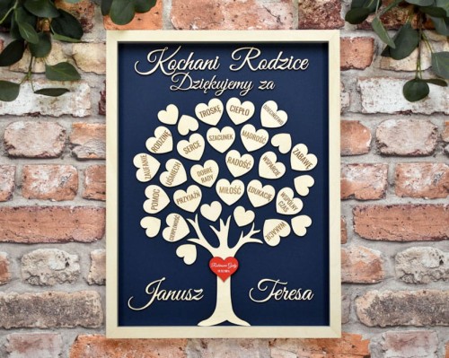 podziękowanie ślubne dla Rodziców, drzewko z sercami w ramce