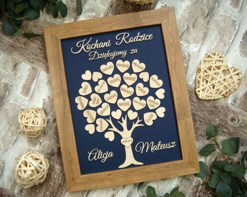 pamiątka dla Rodziców, podziękowanie  Drzewko Szczęścia w ramce, serduszka z grawerem