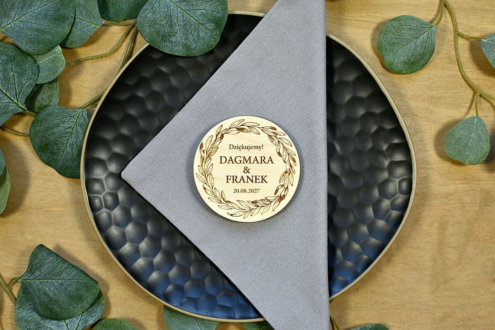 magnesy weselne na lodówkę, wzór wieniec laurowy, upominek dla gości