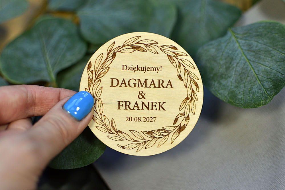 magnesy weselne na lodówkę, wzór wieniec laurowy, upominek dla gości