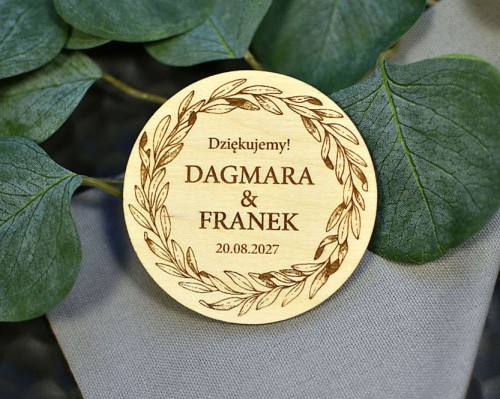 magnesy weselne na lodówkę, wzór wieniec laurowy, upominek dla gości