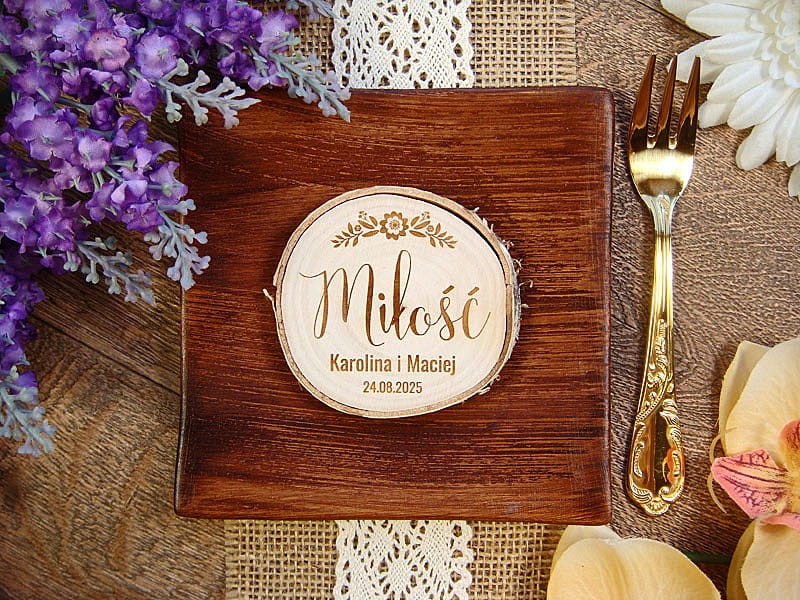 magnes na lodówkę z napisem Miłość, podziękowania dla gości weselnych za przybycie, plasterek drewna