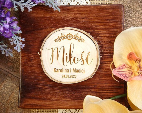magnes na lodówkę z napisem Miłość, podziękowania dla gości weselnych za przybycie, plasterek drewna