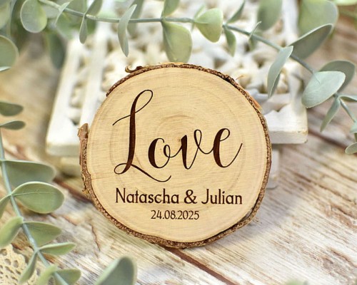 magnesy na lodówkę z plastrów drewna, prezent dla gości na weselu, napis Love