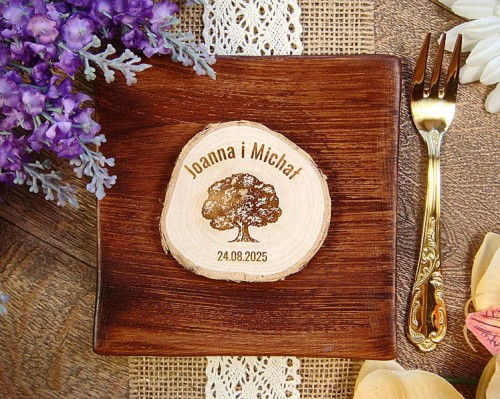 rustykalne prezenty dla gości weselnych, magnes na lodówkę ze wzorem drzewa, plaster drewna